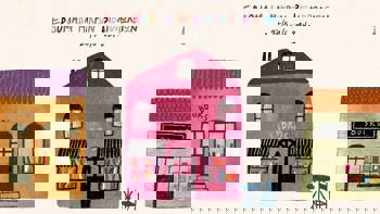 Χαριτωμένο σχέδιο τριών σπιτιών με μια πινακίδα σε κάθε σπιτάκι που λέει «Books, Libros, Books»